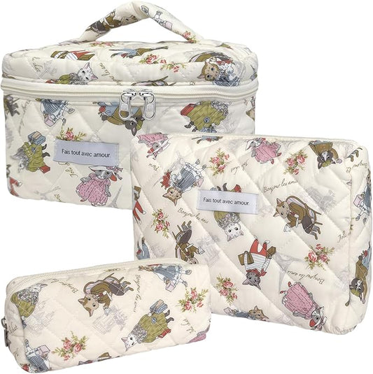 Quilted Makeup Bag, Large Capacity Travel Cosmetic Bag for Women and Girls, Aesthetic Storage for Daily and Travel Use (3pcs-CatAnimalPrint)