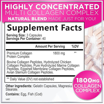 Collagen Peptides Powder Capsules for Women, 1800mg Hydrolyzed Collagen Type I, II, III, V & X, Hair, Nail, Skin, Bone & Joint Support, Collagen for Women & Men, Grass-Fed Collagen - 120 Capsules