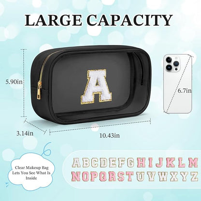 YOOLIFE Initial Travel Essentials Makeup Bag, Make Up Bag Skin Care Clear Toiletry Bag Pouch Cosmetic Bag Case Large Makeup Bag Personalized Birthday Gifts for Women Teacher Mom Teen Friends Black V
