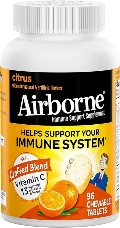 Airborne 1000mg Chewable Tablets with Zinc, Immune Support Supplement with Powerful Antioxidants Vitamins A C & E - 96 Tablets, Citrus Flavor