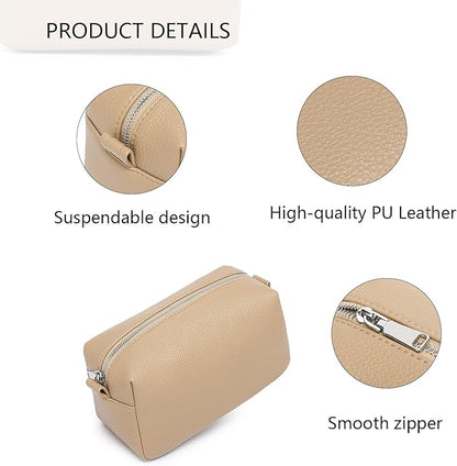 PU leather Organizer Bag Lightweight Cosmetic Bag with Ring Clasp Perfect Travel Makeup Bag for Women (Sandy/PU)