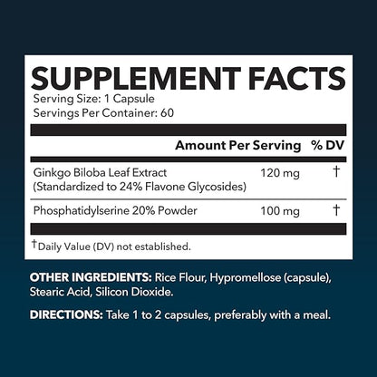 Ginkgo Biloba 120mg - Nootropic that Supports Brain Health, Mental Alertness, Memory & Focus - Energy and Focus Supplement With Ginkgo Biloba Extract and Phosphatidylserine - 60 Non-GMO Capsules