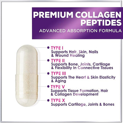 Collagen Peptides Powder Capsules for Women, 1800mg Hydrolyzed Collagen Type I, II, III, V & X, Hair, Nail, Skin, Bone & Joint Support, Collagen for Women & Men, Grass-Fed Collagen - 60 Capsules