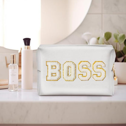 CY2SIDE White BOSS Letter Patch Makeup Bag Gifts for Women PU Leather Patch Cosmetic Bag with Chenille Letter for Travel Waterproof Portable Zipper Big Organizer for Boss's Day Gifts