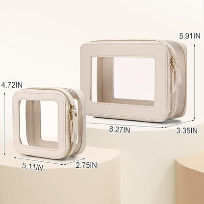 Clear Makeup Bag with Zipper Waterproof Travel Makeup Set for Cosmetics and Toiletries Women's Purse Organizer and Car Essentials (Beige, M+MINI)