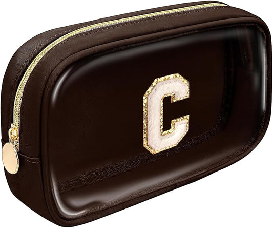 LETGO Valentines Day Gifts for Men,Personalized Initial Makeup Bags with Zipper, Clear Makeup Bag Small Cosmetic Bags,Nylon Travel Toiletry Bag Travel Essentials,Birthday Gift For Men Boys(Coffee, C)