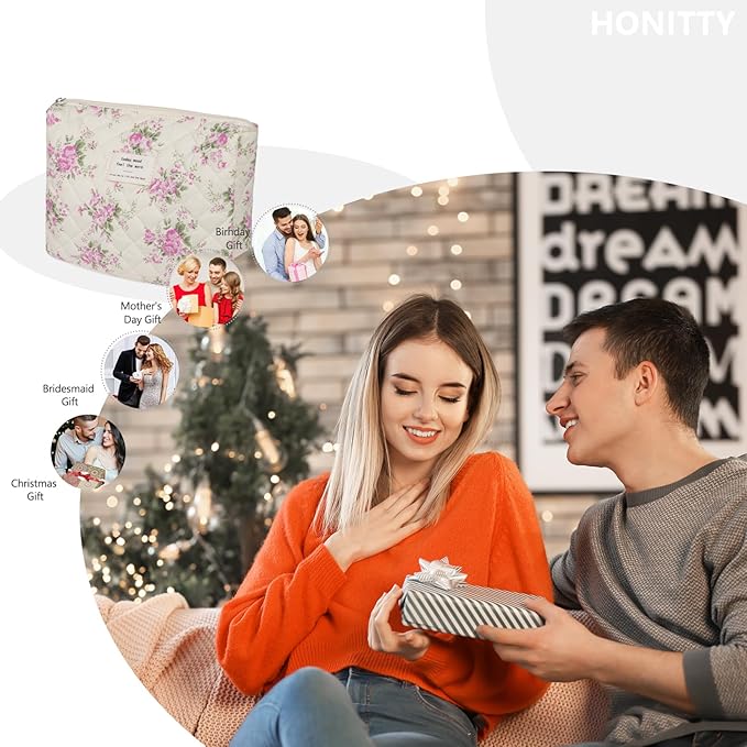 Quilted Makeup Bag,Medium Travel Floral Cosmetic Bag Cute Pouch,Cotton Makeup Brushes Storage Bag for Women