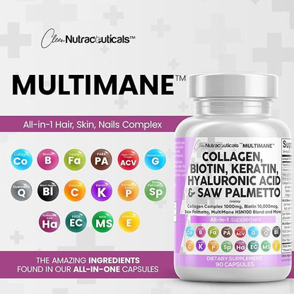 Clean Nutraceuticals Collagen Pills 1000mg Biotin 10000mcg Keratin Saw Palmetto Hyaluronic Acid - Hair Skin & Nails Vitamins & DHT Blocker with Vitamin E Folic Acid Pumpkin Seed MSM - 90 Count