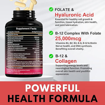 B12 with Hyaluronic Acid, Collagen, and Folate – Methylcobalamin 25,000 mcg B1, B2, B3, B6, B7 Complex for Enhanced Absorption & Energy Boost | Gluten-Free, Made in USA - Pack of 3