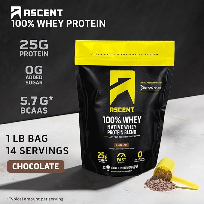 Ascent 100% Whey Protein Powder - Post Workout Whey Protein Isolate, Zero Artificial Flavors & Sweeteners, Gluten Free, 5.5g BCAA, 2.6g Leucine, Essential Amino Acids, Chocolate 1 lb