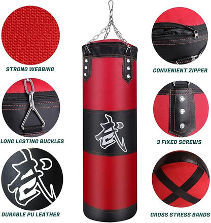 Hanging Punching Bag Set Unfilled, Heavy Boxing Bags Kickboxing Bag for Adults Kids, Youth Boxing Set with Hand Wraps, Punching Bag Hangers, for MMA Muay Thai Karate Taekwondo Training
