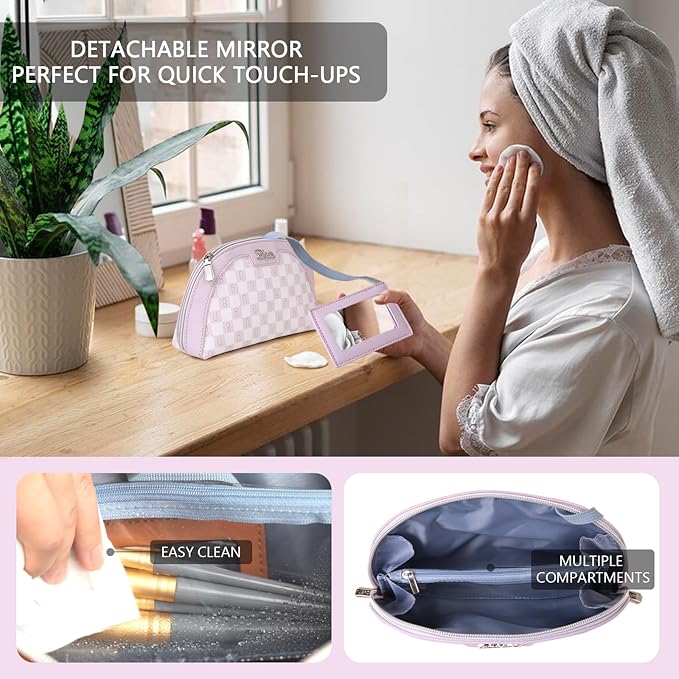 Small Makeup Bag for Purse Cosmetic Bag: Checkered Make up Bag for Women - Cute Preppy Skincare Bags for Evening - Waterproof Travel Pouch for Toiletry Organizer with Mirror & Zipper(021-Purple)