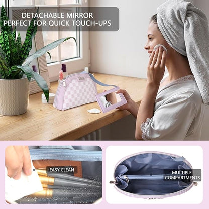 Small Makeup Bag for Purse Cosmetic Bag: Checkered Make up Bag for Women - Cute Preppy Skincare Bags for Evening - Waterproof Travel Pouch for Toiletry Organizer with Mirror & Zipper(021-Purple)
