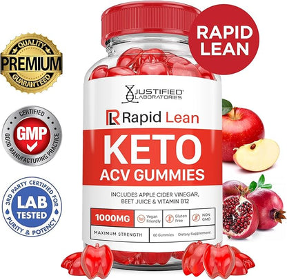 Rapid Lean Keto ACV Gummies Advanced Formula 1000MG Rapid Lean Keto Gummies Apple Cider Vinegar Formulated with Pomegranate Beet Juice Powder B12 Vegan Non GMO 60 Gummys