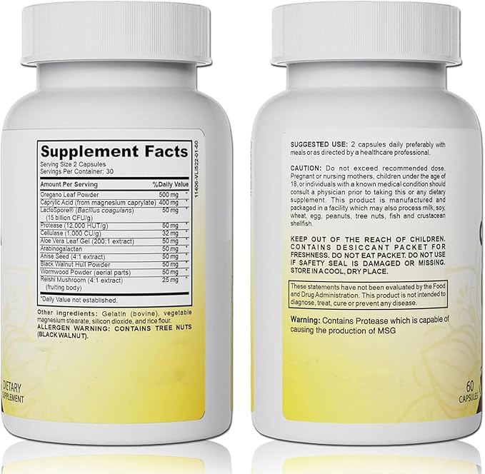Candida Cleanse- Gut & Colon Support, Advanced Probiotic & Herbal Formula, Natural Herbal Formula, Oregano Leaf, Wormwood, Black Walnut, Caprylic Acid-1 for Men & Women, 60 Capsules