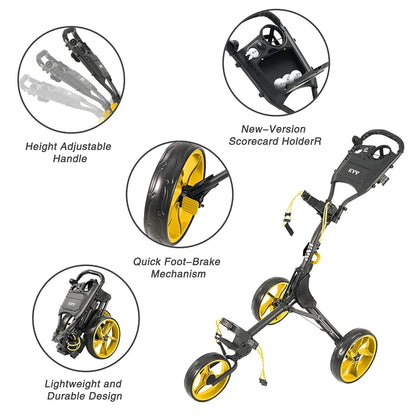KVV 3 Wheel Golf Push Cart Ultra Lightweight Smallest Folding Size, New-Version Scorecard Holder