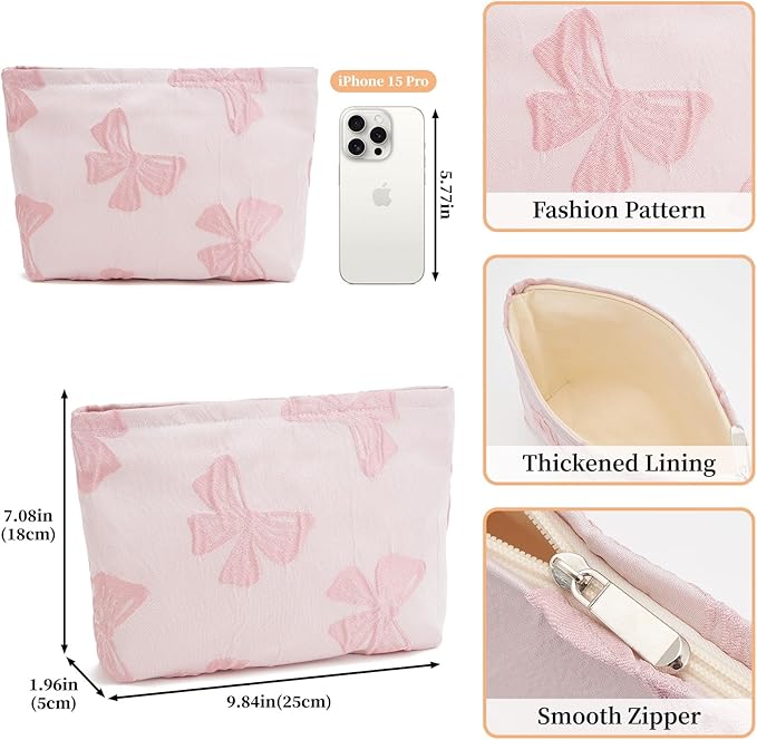 WOZEAH Makeup Bag for Purse Small Cosmetic Pouch,Stylish Zipper Make up Pouch Travel Canvas Toiletry Bags(Pink Bow)