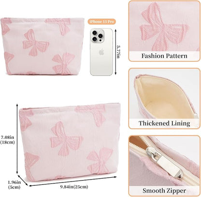 WOZEAH Makeup Bag for Purse Small Cosmetic Pouch,Stylish Zipper Make up Pouch Travel Canvas Toiletry Bags(Pink Bow)