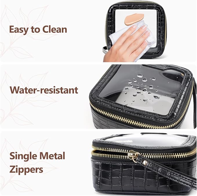 PACKISM Small Clear Makeup Bag - Crocodile Texture & Hard PU Leather Mini Makeup Bag for Purse, Cosmetic Bag Travel Bag Car Bag for Essentials for Women Gift Daily Use (Black Mini)