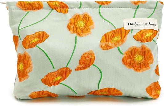 Summer Swan | Large Floral Mid-day Clutch | Period Kit & Hygiene Bag | Skincare Bag | Cute Color Block Floral Orange