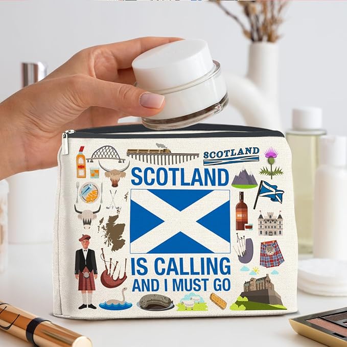 Scotland Travel Gifts Makeup Bag Scotland Gifts for Women Friends Traveler Cosmetic Bag Scotland Is Calling Zipper Makeup Pouch