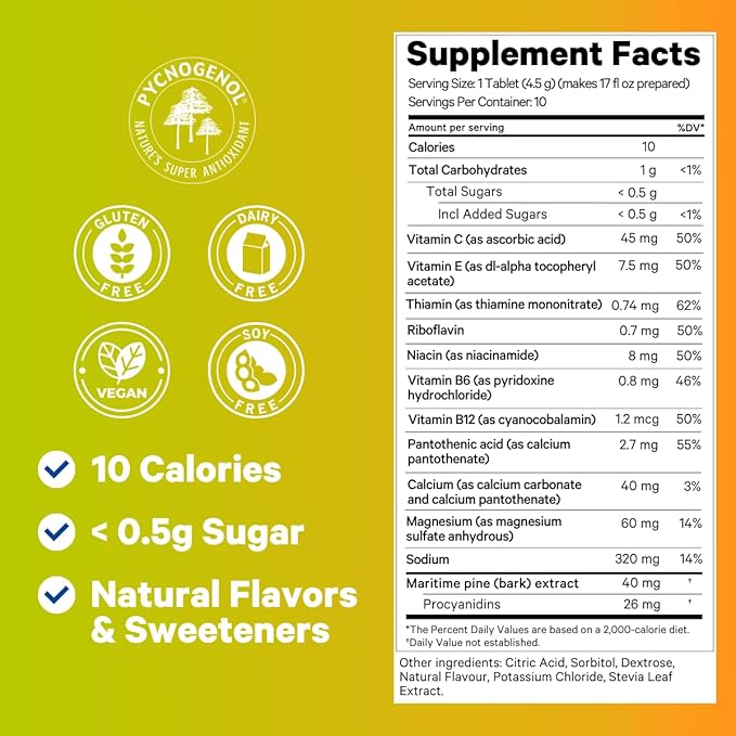 Jet Lag Relief Tablets - Citrus-Flavored Effervescent Multivitamin with Pycnogenol Travel Supplement for Hydration, Energy, Immune Support and Faster Recovery - Flight Essential, 10 Tablets