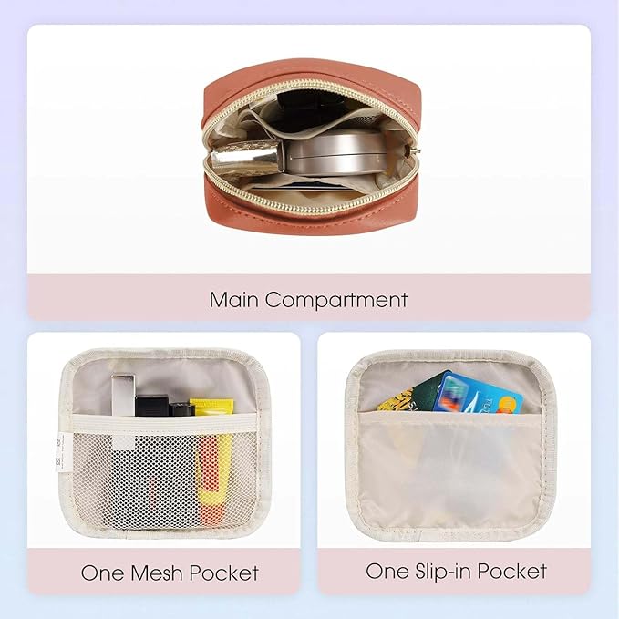 Wandering Nature Small Makeup Bag for Purse Mini Make up Pouch Cute Cosmetic Pouch for Women with Slip-in Pockets Vegan Leather, Orange