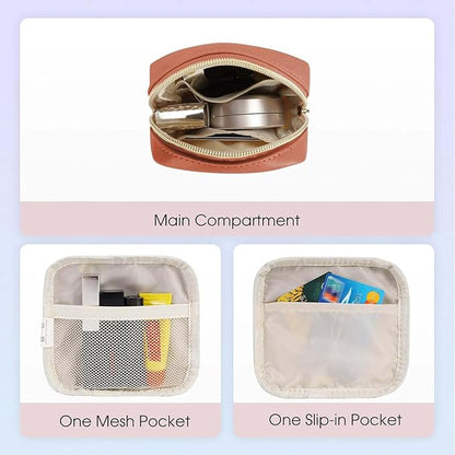 Wandering Nature Small Makeup Bag for Purse Mini Make up Pouch Cute Cosmetic Pouch for Women with Slip-in Pockets Vegan Leather, Orange