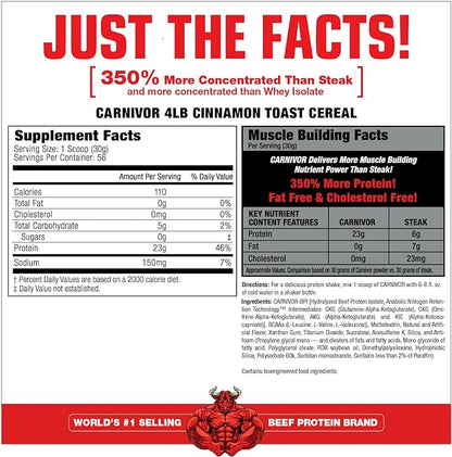 MuscleMeds Carnivor Beef Protein Isolate, 0 Lactose, 0 Sugar, 0 Fat, 0 Cholesterol, Cinnamon Toast Cereal, 4 Lb, 56 Servings