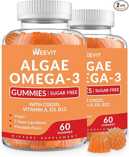 Vegan Omega 3 Gummies, Algae Omega 3 Supplement DHA 240mg, EPA 110mg w/Vitamin B12, CoQ10, Omega 3 Fish Oil Alternative for Adults - Brain, Bone, Joint, Eye & Immunity Support