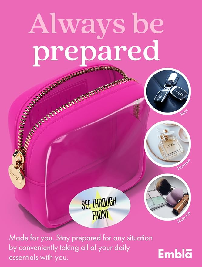 Embla Clear Cosmetic Bag Makeup Case, Clear Zipper Make Up Pouch and Toiletry Travel Tote, Cute Skincare Pouches for Women Girls, Preppy Purse Cosmetic Organizer, Mini Makeup Bags, Fuchsia