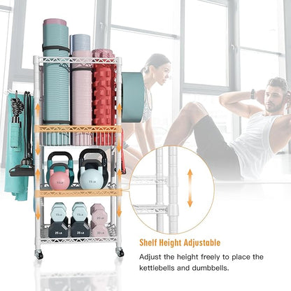 Home Gym Storage, 3 Tiers Workout Equipment Organizer with Wheels for Yoga Mats, Foam Roller, Dumbbells, Kettlebells, and Resistance Bands