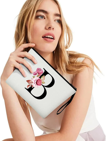 Vavabox A-Z Personalized Makeup Bag, Birthday Gifts for Women Mom, Gifts for Best Friend, Bride Bridesmaid Cosmetic bag (B, White)