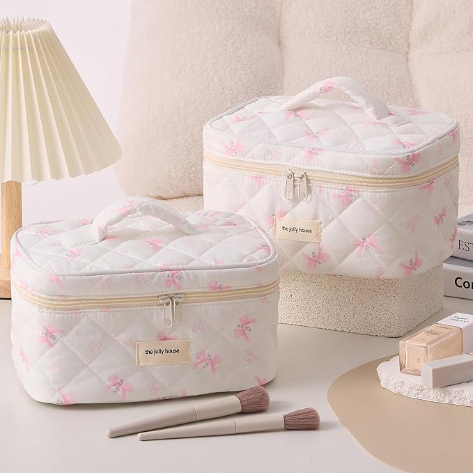 Cute Pink Bow Quilted Makeup Bag, Large Capacity Travel Cosmetic Bag for Women and Girls, Aesthetic Storage for Daily and Travel Use (Pink Bow)