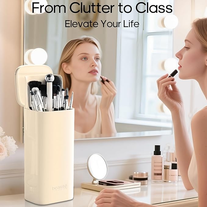 Makeup Brush Holder with Lid,One Touch Open 4 Slot Makeup Brush Case with Waterproof Dustproof,Brushes Storage Holder for Vanity, Dresser, Desk (Cream white)