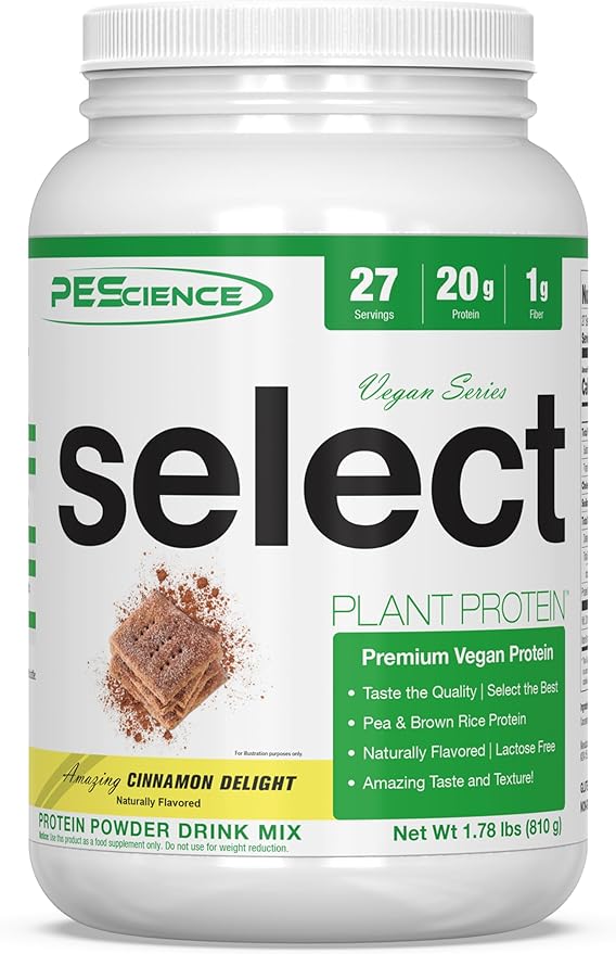 PEScience Select Vegan Plant Based Protein Powder, Cinnamon Delight, 27 Serving, Pea and Brown Rice Blend