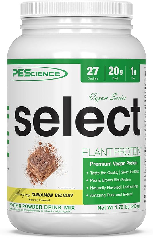 PEScience Select Vegan Plant Based Protein Powder, Cinnamon Delight, 27 Serving, Pea and Brown Rice Blend