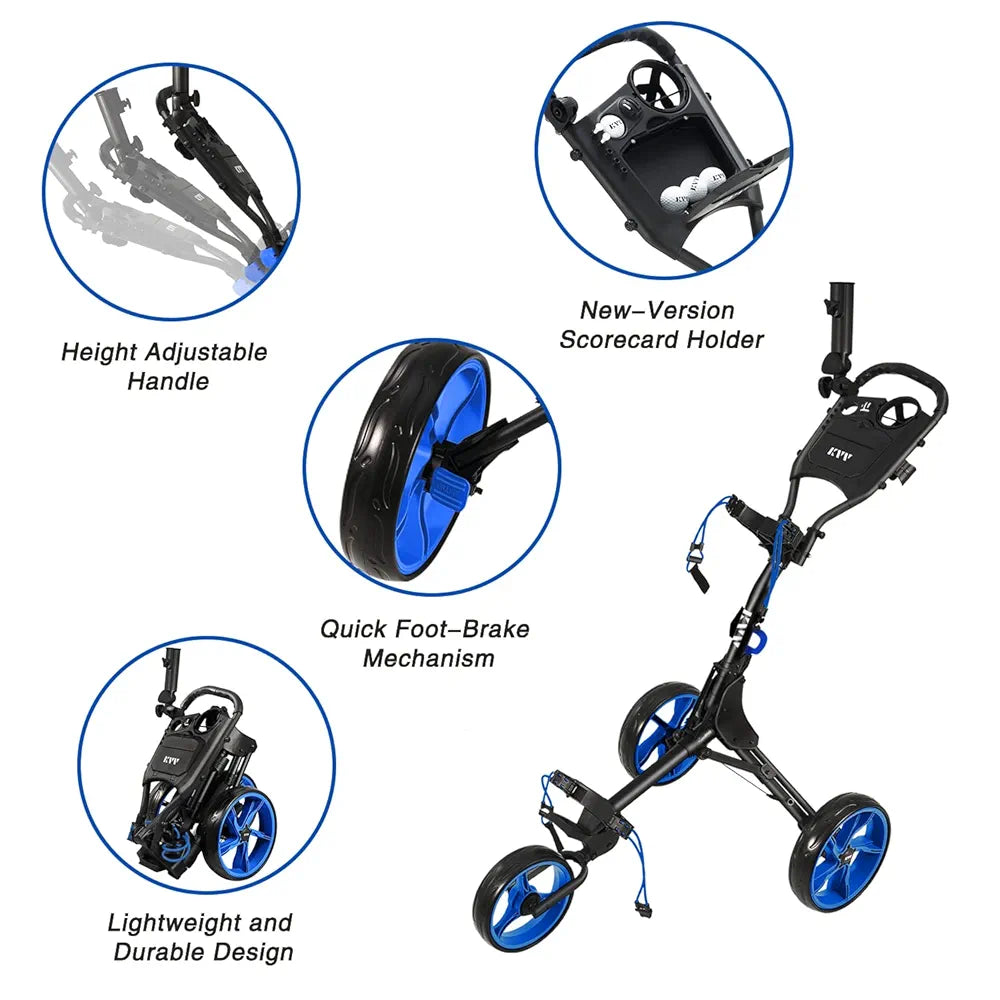 KVV 3 Wheel Golf Push Cart Ultra Lightweight Smallest Folding Size, New-Version Scorecard Holder