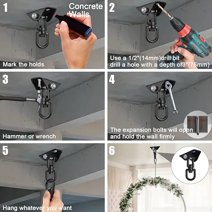 Hammock Hanging Kit,Hanging Chair Hardware 360°Rotating 1200 lb Capacity Hammock Hooks Heavy Duty,Hammock Chair Hanging Kit & Swing Ceiling Hook Snap for Hammock Chair Stand,Seat, Tree,Yoga,Gym(Black)