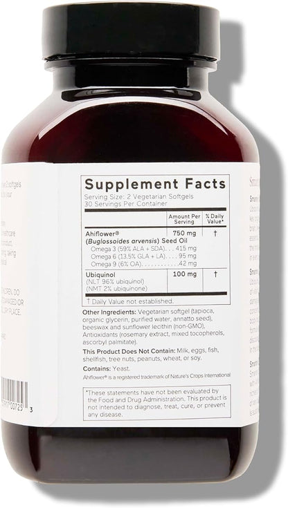 Smarter Nutrition CoQ10 Ubiquinol - Vegetarian CoQ10 for Heart Health Support - Enhanced Absorption with Omega 3 Ahiflower Oil - Soy Free, Non-GMO, Vegetarian Softgels - 1 Pack, 30 Servings