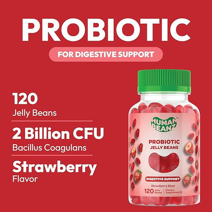 Probiotic Jelly Bean Gummies for Men and Women, Probiotic Supplements for Digestive Health, Nutritional Vegetarian Supplements, 120 Strawberry Blast Jelly Beans, Kosher