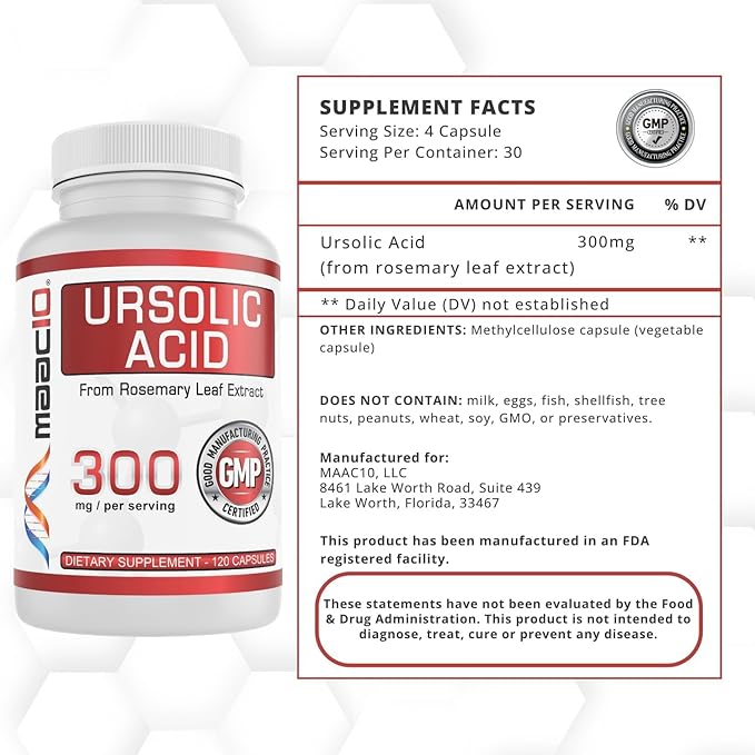 MAAC10 Ursolic Acid 300mg | Sourced from Rosemary Extract | Third-Party Lab Tested | AMPK & Sirtuin Activator