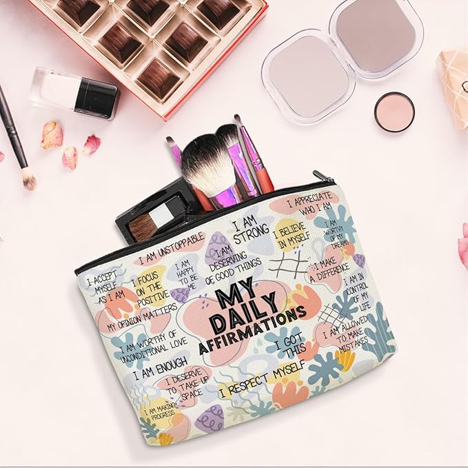 Positive Makeup Bag Daily Affirmations for Women Encouragement Inspirational Mental Health Gifts for Female Sister Friend Boss Coworker Birthday Friendship Christmas Office Travel Toiletry Bag