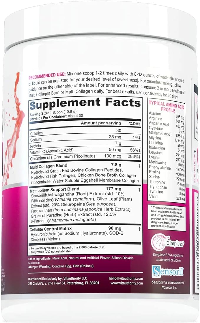 Multi Collagen Burn: Multi-Type Hydrolyzed Collagen Protein Peptides with Hyaluronic Acid, Vitamin C, SOD B Dimpless, Types I, II, III, V and X Collagen, Caffeine-Free (Strawberry Lemonade)
