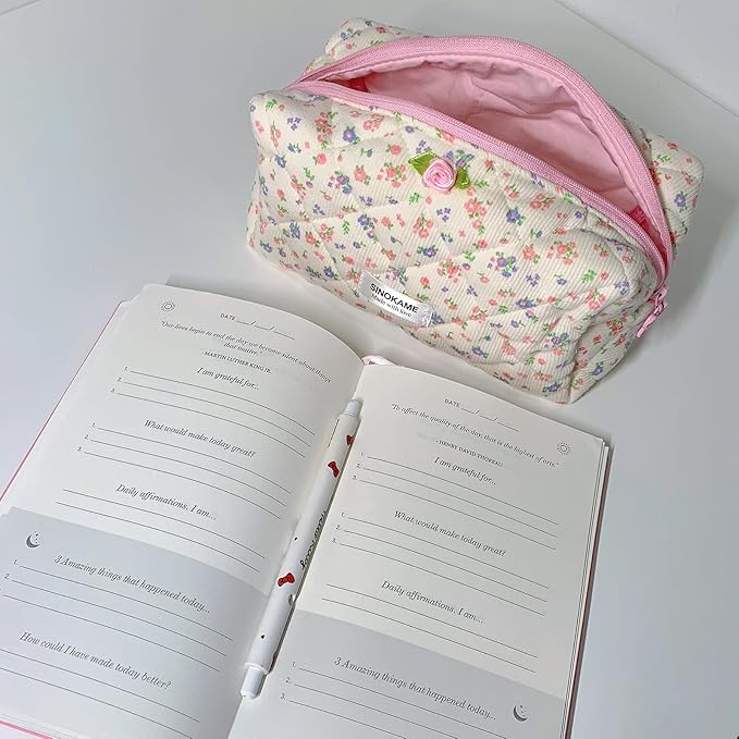 Quilted Coquette Travel Makeup Bag, Large Capacity Puffy Cotton Cosmetic Bag Toiletry Organizer for Women Reusable Washable Aesthetic Floral Pouches Handmade,Floralwhisper
