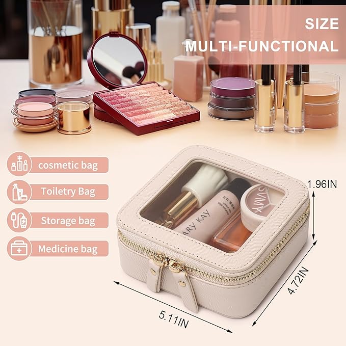 Small Makeup Bag Mini Clear Cosmetic Makeup Case & Toiletry Bag with Zipper Women's Purse Organizer & Car Essentials (Beige, MINI-3)