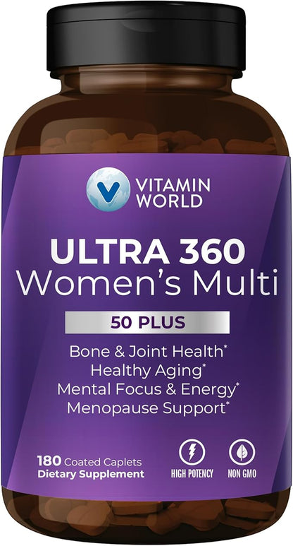 Vitamin World Ultra 360 Multivitamin for Women 50 Plus, Women's 50+ Multivitamin with Minerals & Herbs for Menopause Support, Supplement with Vitamin B, D, E & Zinc for Healthy Aging, 180 Caplets