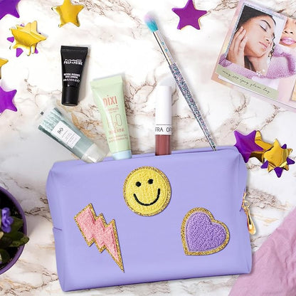 LieToi Preppy Patch Cosmetic Toiletry Bag, PU Leather Portable Waterproof Makeup Bag Smile Lightning Heart Organizer Compliant Bag Daily Travel Use Storage Purse for Women Girls (Large, Taro Purple)