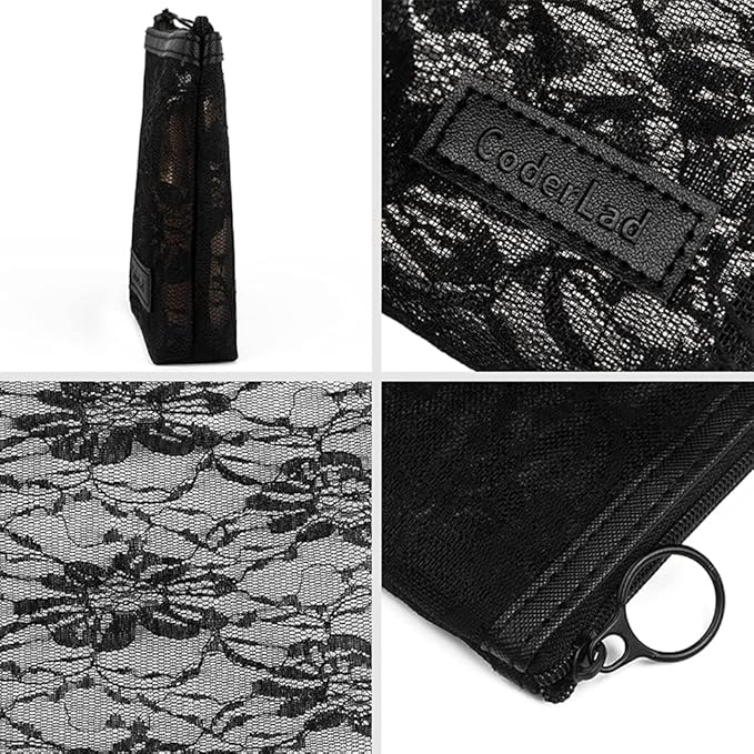 fashion portable cosmetic bag,Visible large capacity Nylon storage bag, for Business Travel bath, Unisex (black 3pcs set) (purpose made lace zippered cosmetic bag)