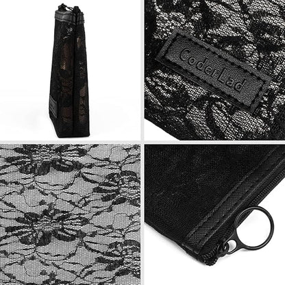 fashion portable cosmetic bag,Visible large capacity Nylon storage bag, for Business Travel bath, Unisex (black 3pcs set) (purpose made lace zippered cosmetic bag)